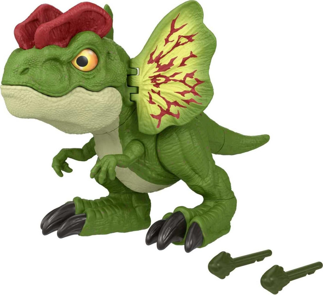 Mattel Jurassic World Dinosaur Toy, Uncaged Fierce Launchin Dilophosaurus Figure with Dart Style Shooting Action, Sound, 2 Projectiles, HNT66