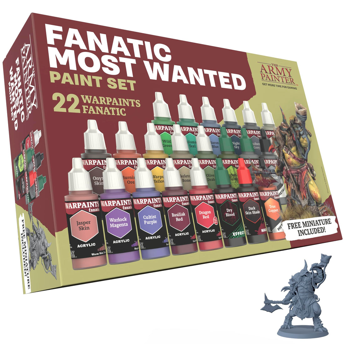 The Army Painter, Warpaints Fanatic Most Wanted Paint Set, 22 x 18ml Acrylic Paint incl. Skin Tones, Metallics, Effects, 1 Wash, Primer &amp; 1 Miniature - Miniature Paint for D&amp;D &amp; Warhammer Miniatures