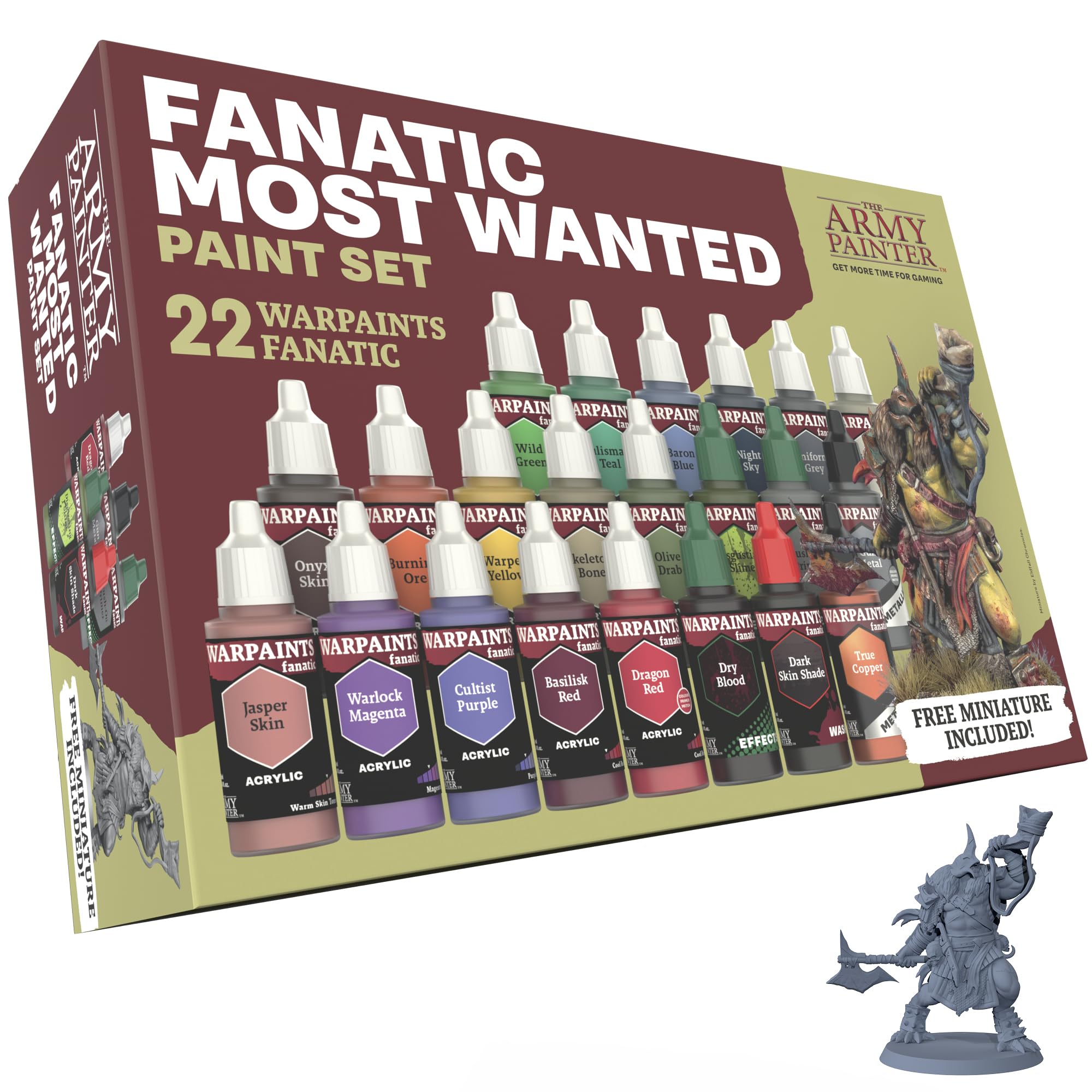 The Army Painter, Warpaints Fanatic Most Wanted Paint Set, 22 x 18ml Acrylic Paint incl. Skin Tones, Metallics, Effects, 1 Wash, Primer &amp; 1 Miniature - Miniature Paint for D&amp;D &amp; Warhammer Miniatures