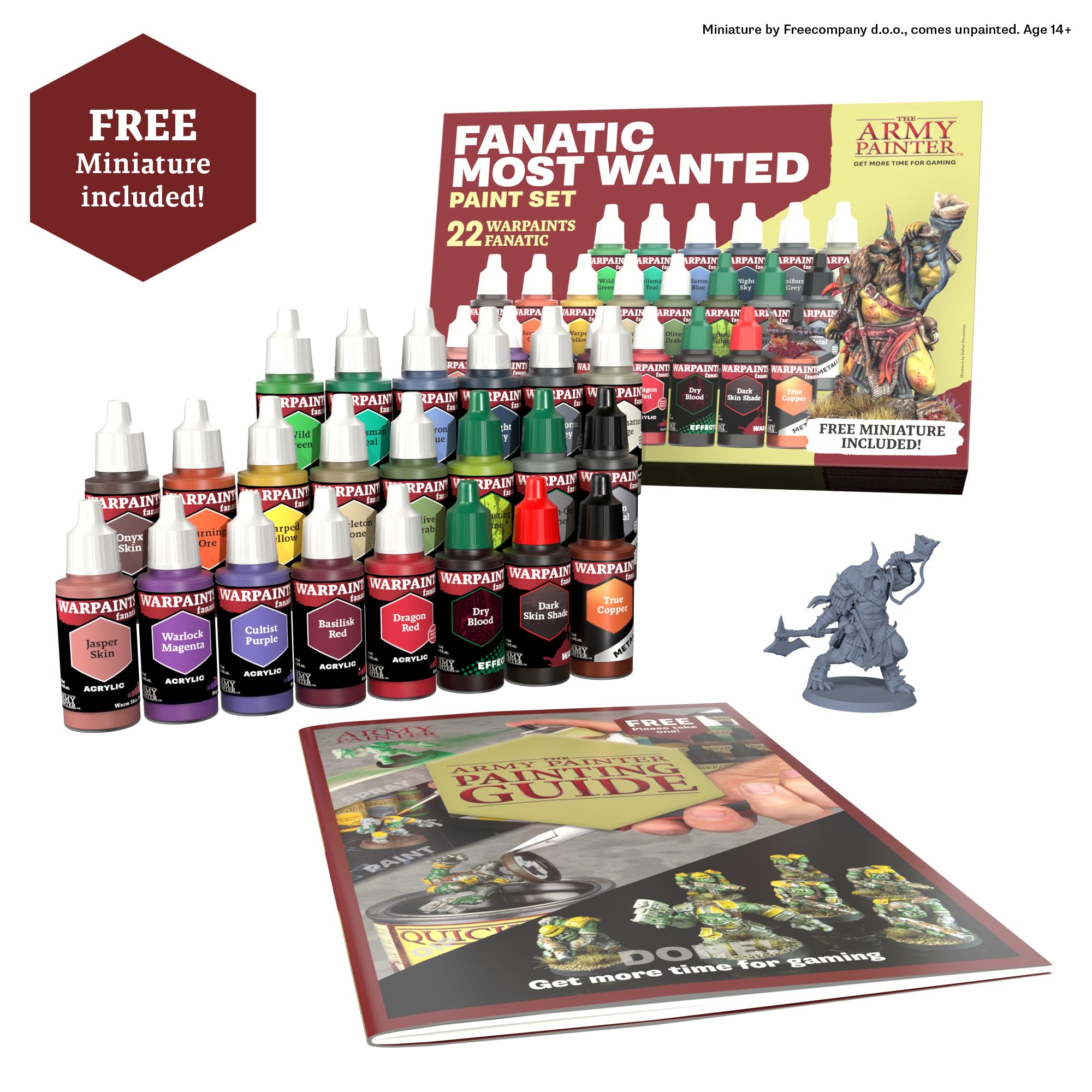 The Army Painter, Warpaints Fanatic Most Wanted Paint Set, 22 x 18ml Acrylic Paint incl. Skin Tones, Metallics, Effects, 1 Wash, Primer &amp; 1 Miniature - Miniature Paint for D&amp;D &amp; Warhammer Miniatures