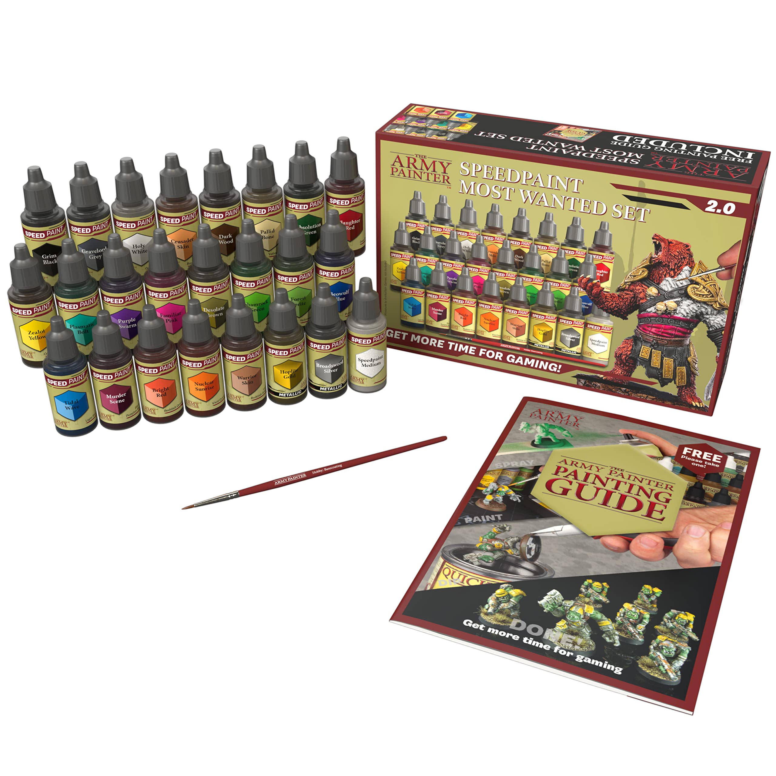 The Army Painter, Speedpaint 2.0, Most Wanted Paint Set, 24 x 18ml Speedpaints incl. 2 metallics, 1 medium &amp; 1 Free Brush For miniature and model painting