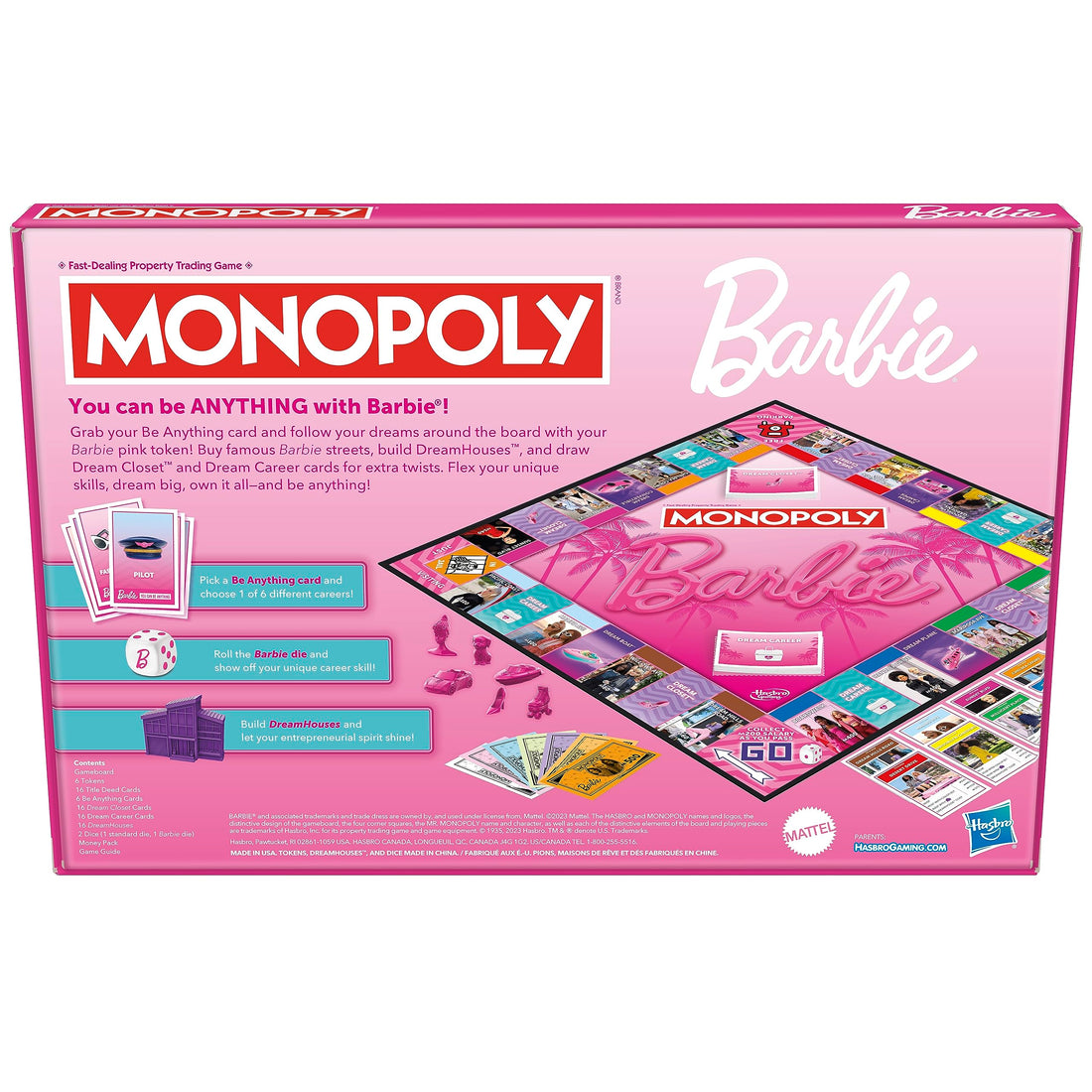 MONOPOLY: Barbie Edition Board Game, Ages 8+, 2-6 Players, Fun Family Games for Kids and Adults, with 6 Barbie-Themed Pink Zinc Tokens, Kids Gifts